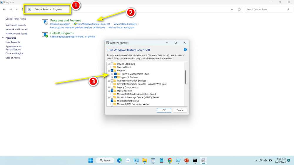 Hyper-V in Control Panel