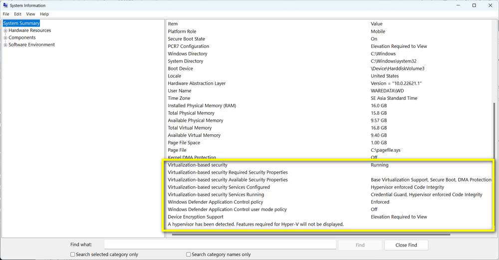 Hyper-V in System Information