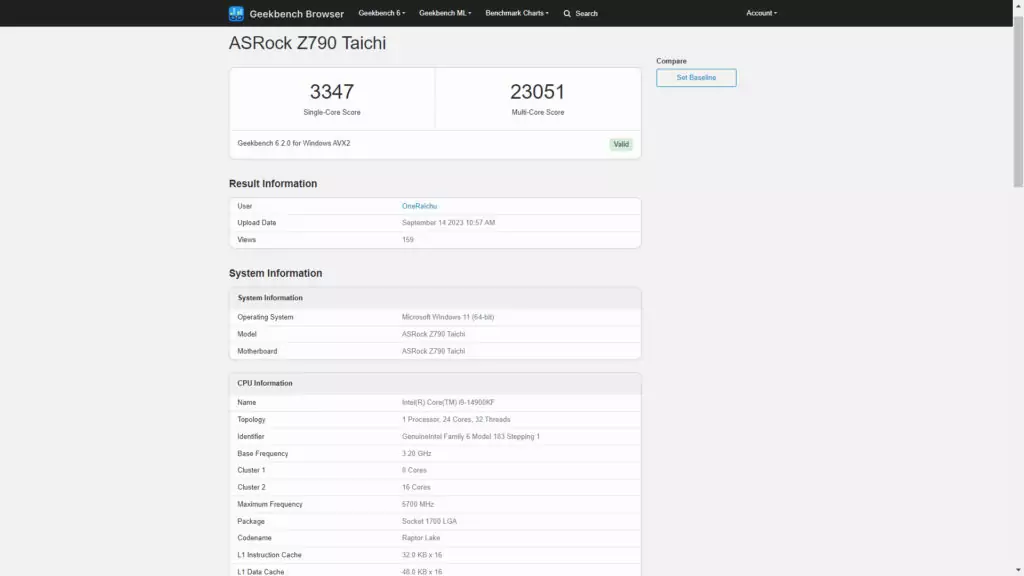OneRaichu - Geekbench Intel Core i9-14900KF