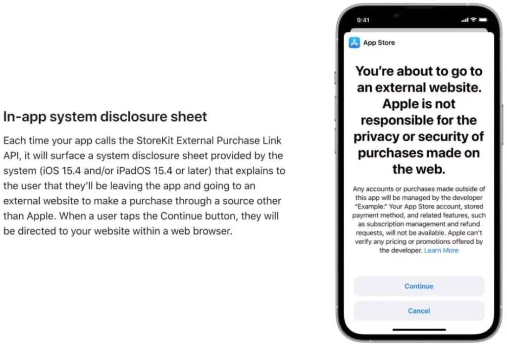 Apple Sticks to Commission on iOS Apps with External Store Links 2 Apple Discloure Sheet