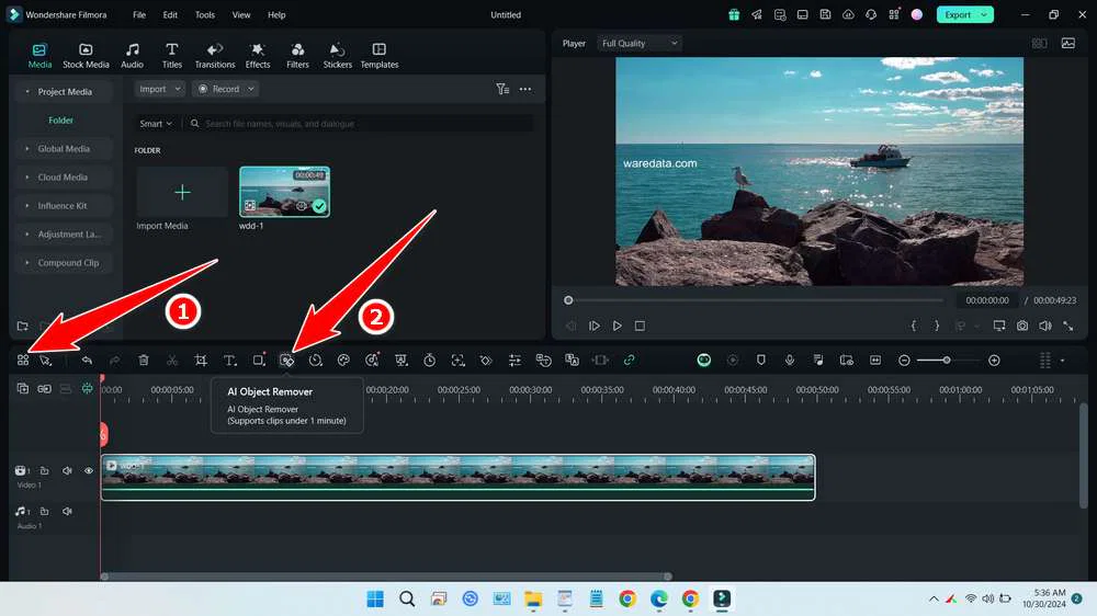 How to Remove Watermark from Video Using Wondershare Filmora 2 Using the AI Object Remover Tool - Step 1