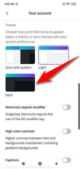 How to switch to dark mode Canva 10 How to switch to dark mode canva android - step 5