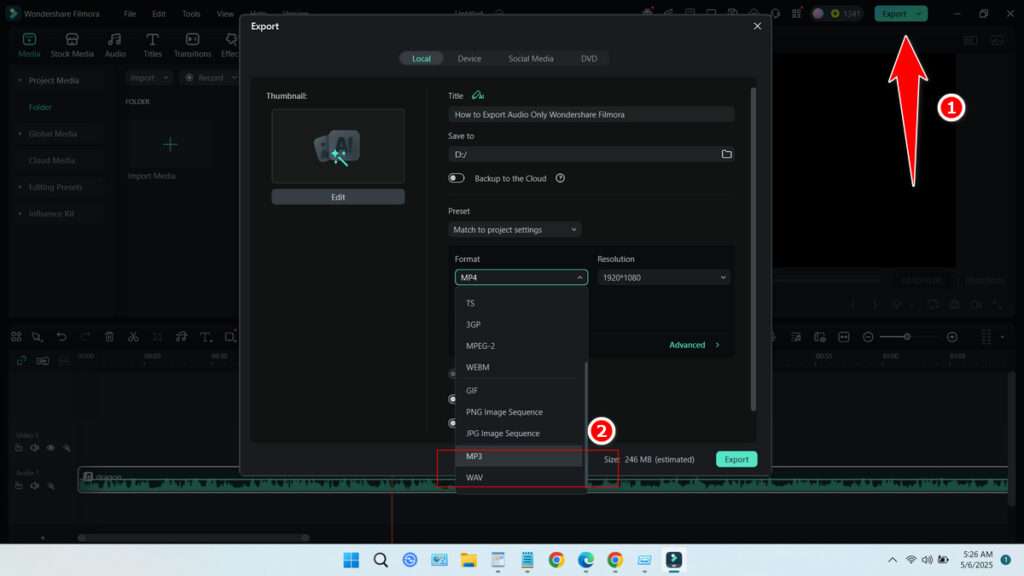 Export as the audio format