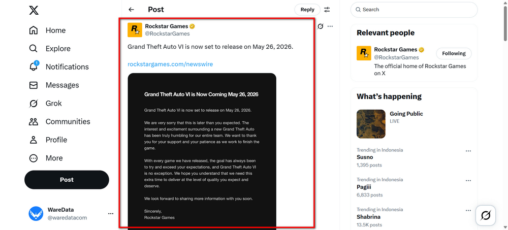 Grand Theft Auto VI is now set to release on May 26 - 2026
