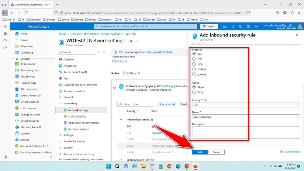 How to Open Ports on an Azure VM Using Azure Portal - Step 6