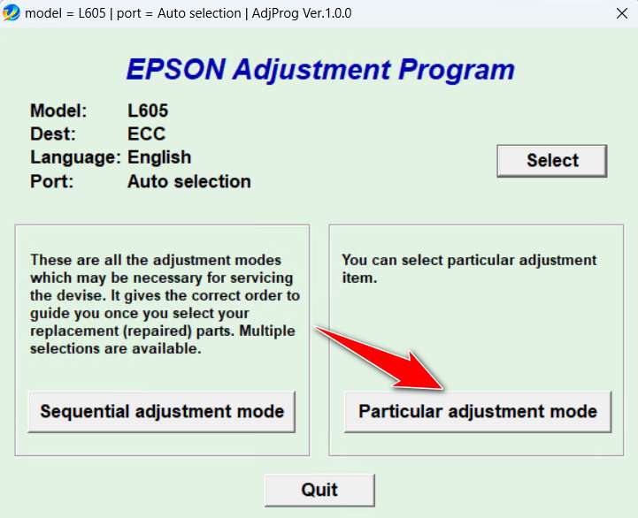 How to Reset Epson L605 Printer with Resetter - Step 2