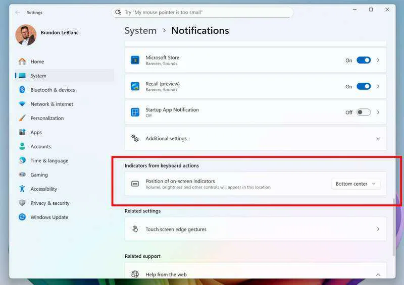 Windows 11 Copilot+ PC Updates: What's New 4 Position of on-screen indicators