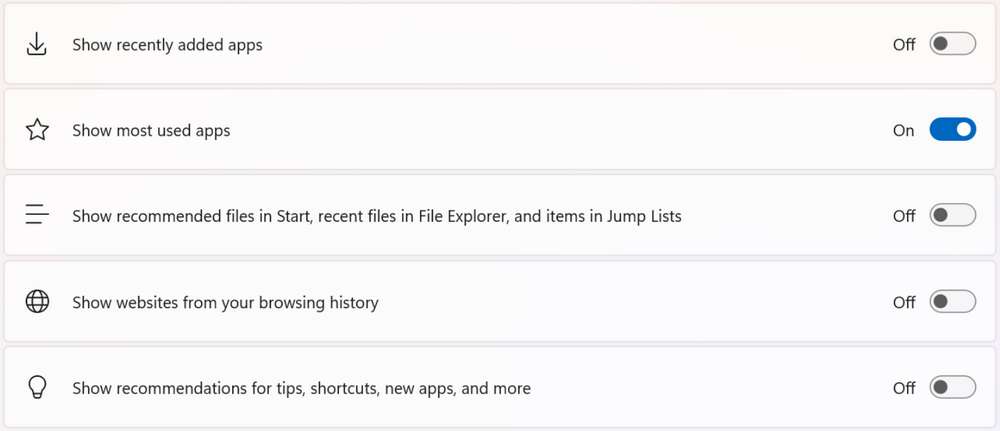 Setting app in Start menu