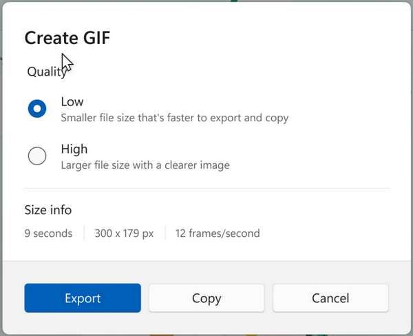 Snipping Tool GIF Export with low quality selected.