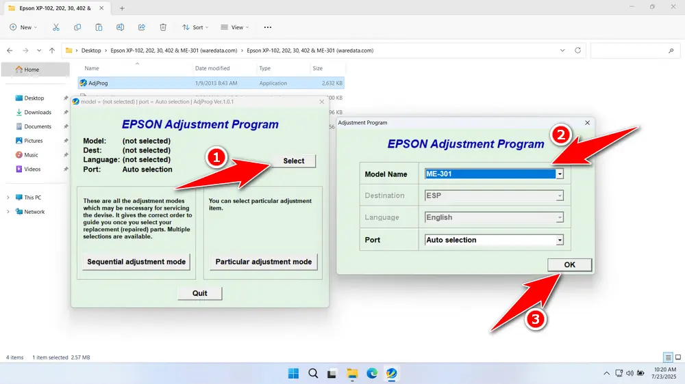 How to Use Epson ME-301 & XP-30 Resetter - Step 1