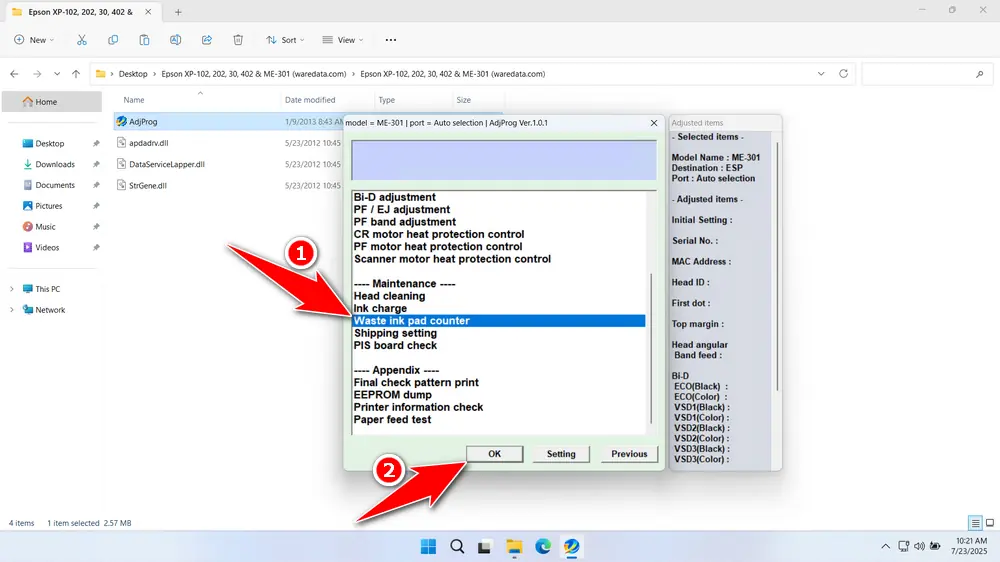How to Use Epson ME-301 & XP-30 Resetter - Step 3