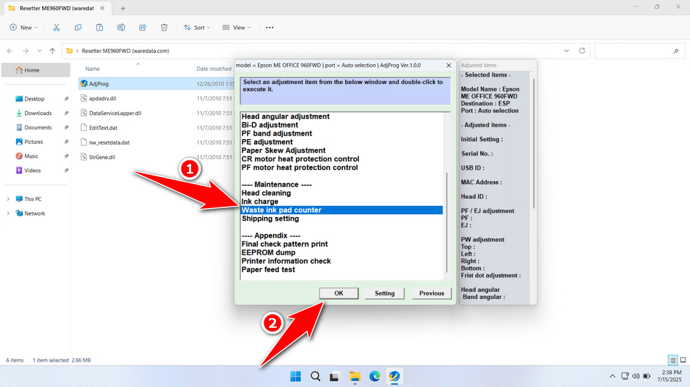 How to Use Epson ME Office 960FWD Resetter - Step 2