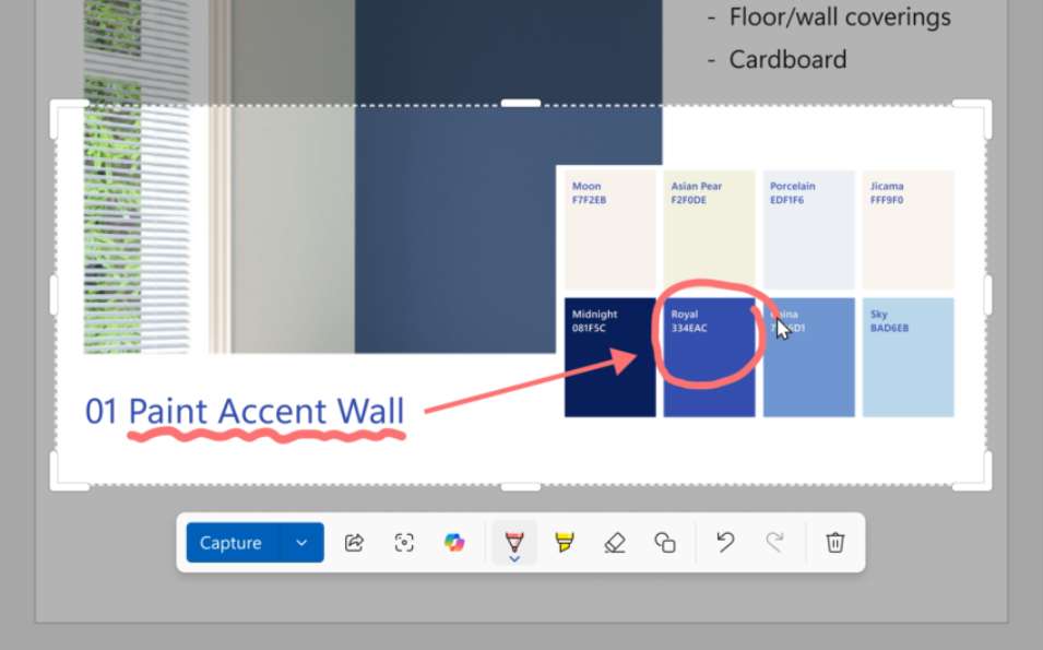 Quick markup toolbar with colored markers in the Snipping Tool