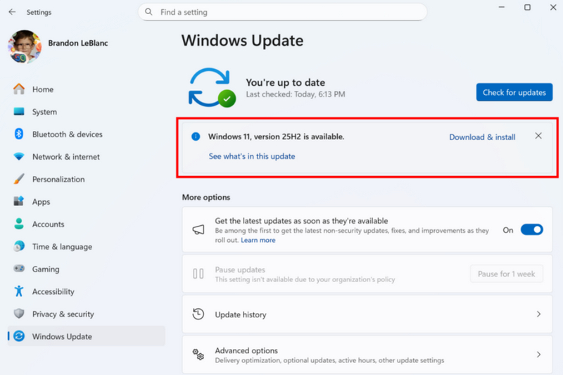 Windows 11 25H2 is now available through an update.