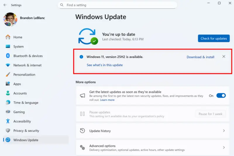 Windows 11 25H2 is now available through an update.