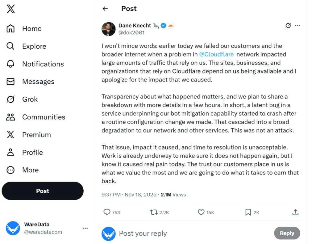 Cloudflare Once Caused Many Sites to go Down, What Was the Reason? 3 Dane Knecht Speak on X