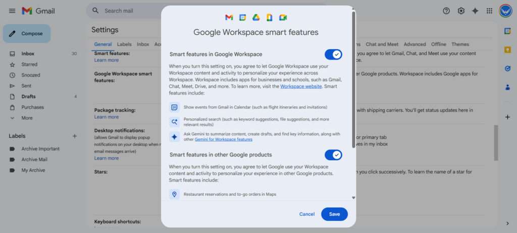 Google Workspace smart features in Gmail