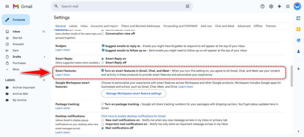 Location of smart features in Gmail