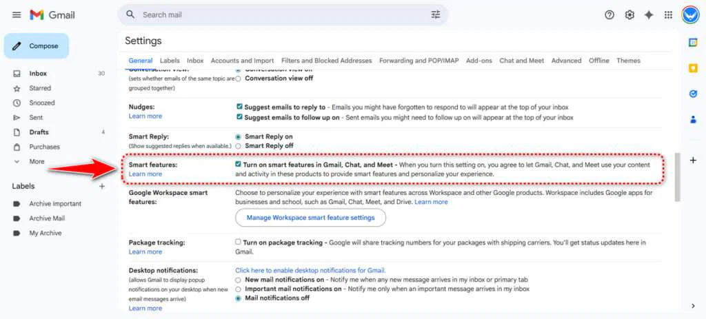 Google Rejects Allegations of AI Training on Private Gmail Emails 2 Location of smart features in Gmail