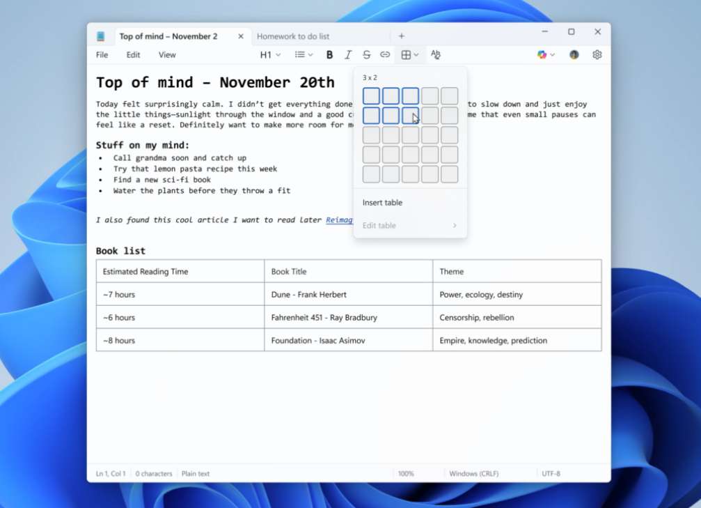 Notepad with table features in Windows 11