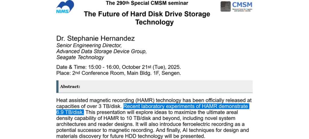 Recent laboratory experiments of HAMR demonstrate 6.9 TB/disk