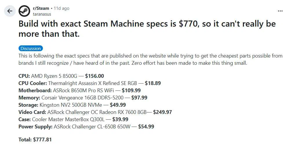 Valve Confirms Steam Machine Will Carry PC-Level Pricing 2 Reddit community estimate for Steam Machine price