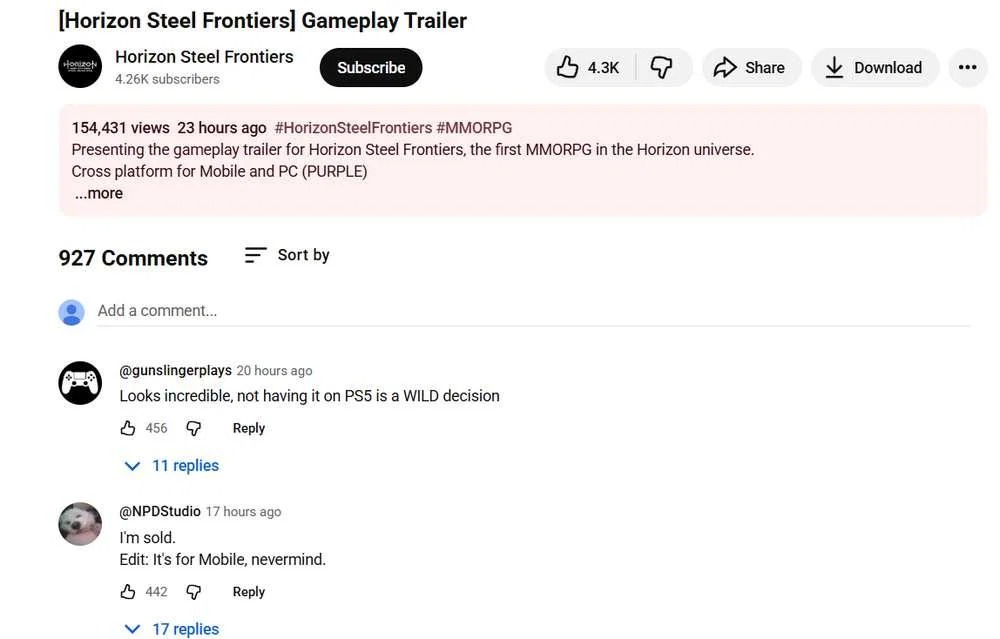 Some YouTube comments on the [Horizon Steel Frontiers] Gameplay Trailer