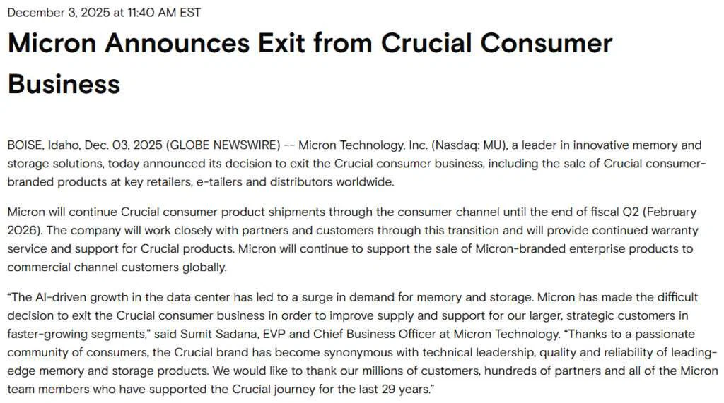 Micron Exit From Consumer RAM After Three Decades 2 Announcement from Micron Exiting Consumer RAM
