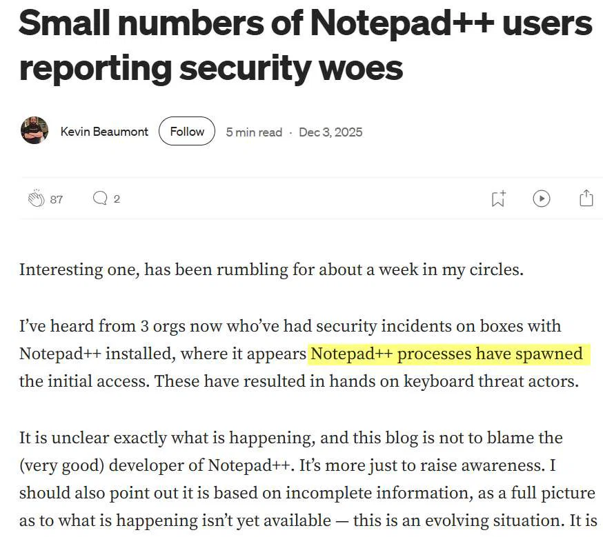 Hackers Hijack Notepad++ Updater - Users Urged to Patch ASAP 2 Report from Kevin Beaumont