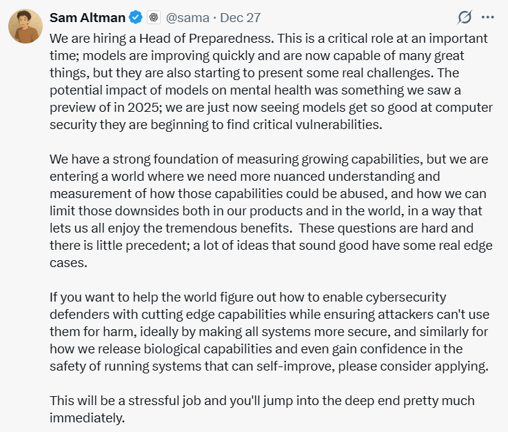 OpenAI Offers $500K Salary for High-Stress Role 2 Sam Altman's post on X for the Head of Preparedness position