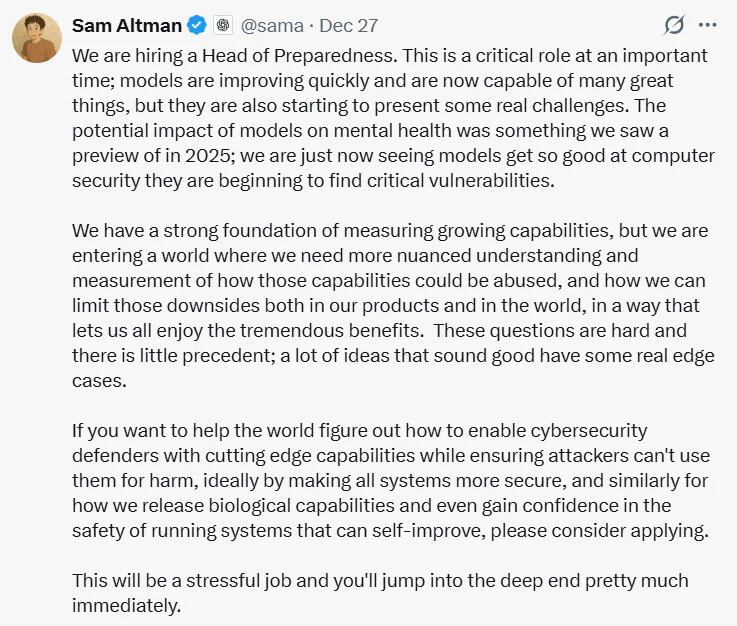OpenAI Offers $500K Salary for High-Stress Role 2 Sam Altman's post on X for the Head of Preparedness position