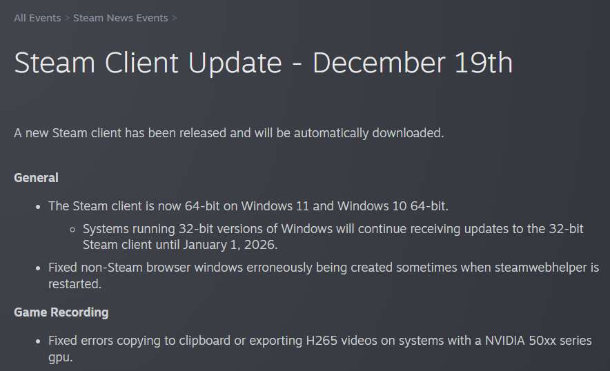 Steam Drops 32-bit Windows Support as Platform Shifts Fully to 64-bit 2 Steam Announcement