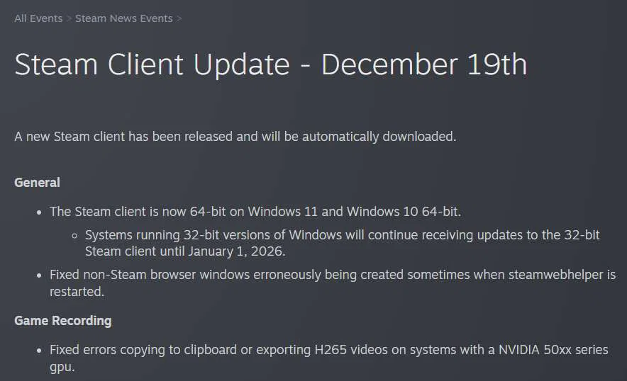 Steam Drops 32-bit Windows Support as Platform Shifts Fully to 64-bit 2 Steam Announcement