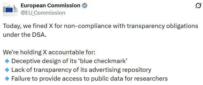 X Responds to €120M Fine by Deactivating EU Commission’s Ad Account 2 The EU fined X for failing to comply with transparency obligations under the DSA
