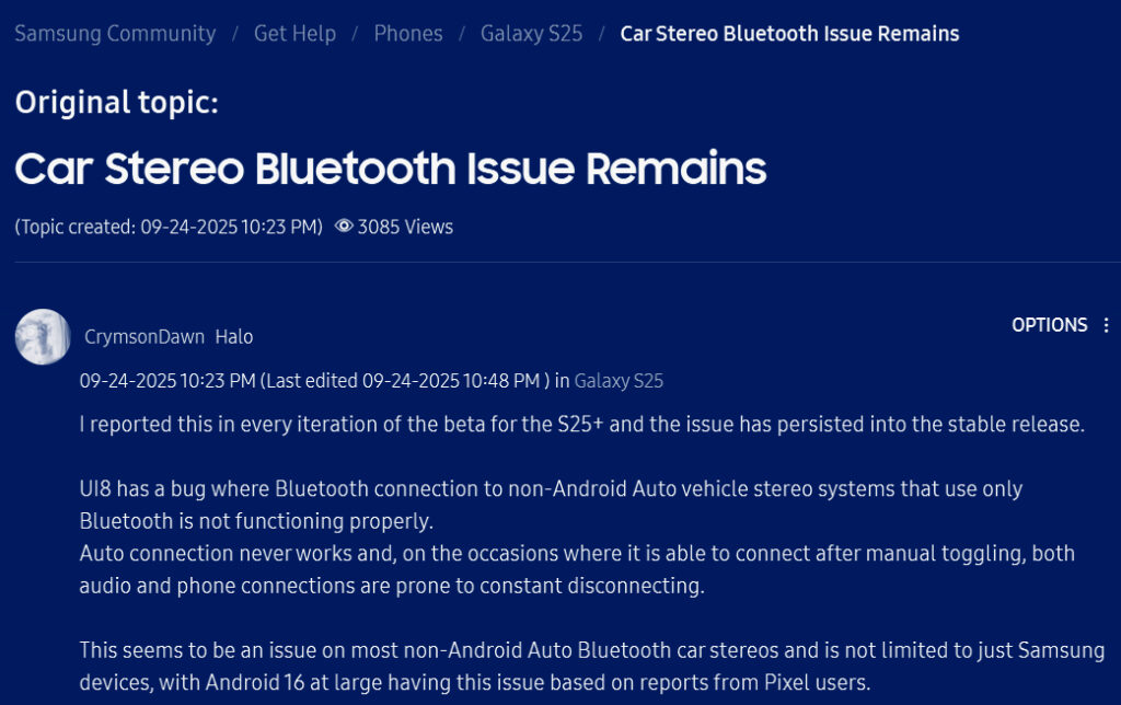Android Still Hasn’t Fixed Its Bluetooth Car Audio Issue 2 User Report on Bluetooth in Samsung Galaxy S25 with Android Auto