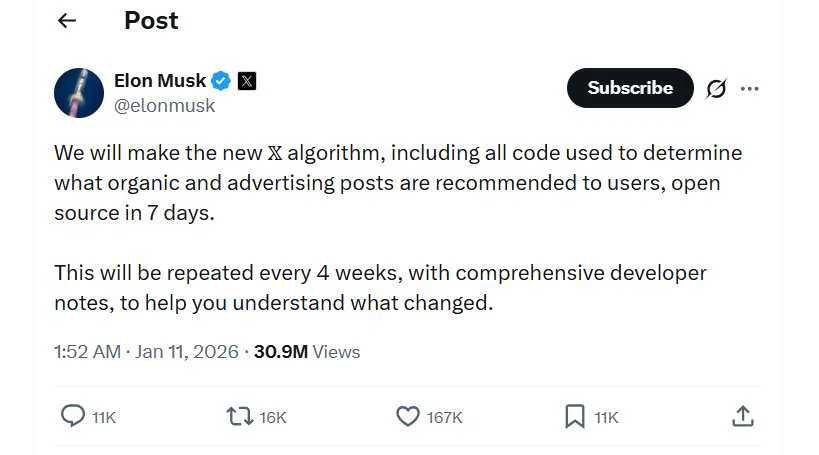 Elon Musk Promises to Release X’s Algorithm as Open Source Soon 2 Elon Musk's post on X