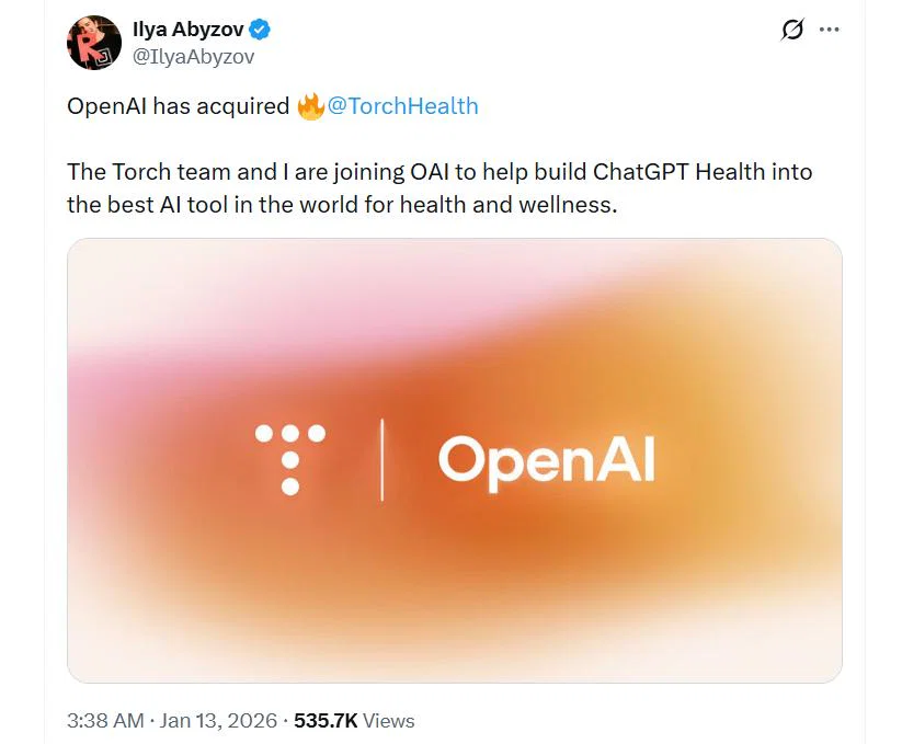OpenAI Reportedly Acquires Small Health Records Startup Torch for $100 Million 3 Ilya Abyzov's post on X