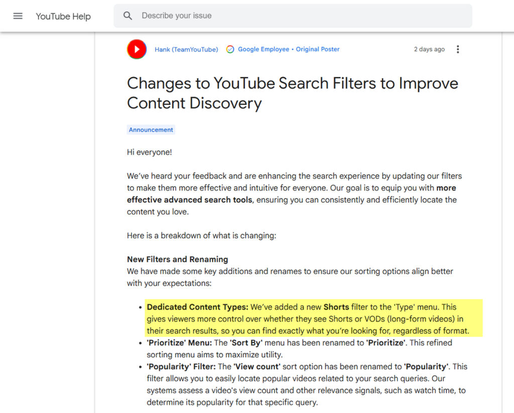 YouTube’s New Filter Update Makes It Easier to Avoid Shorts 2 Information from the YouTube Team