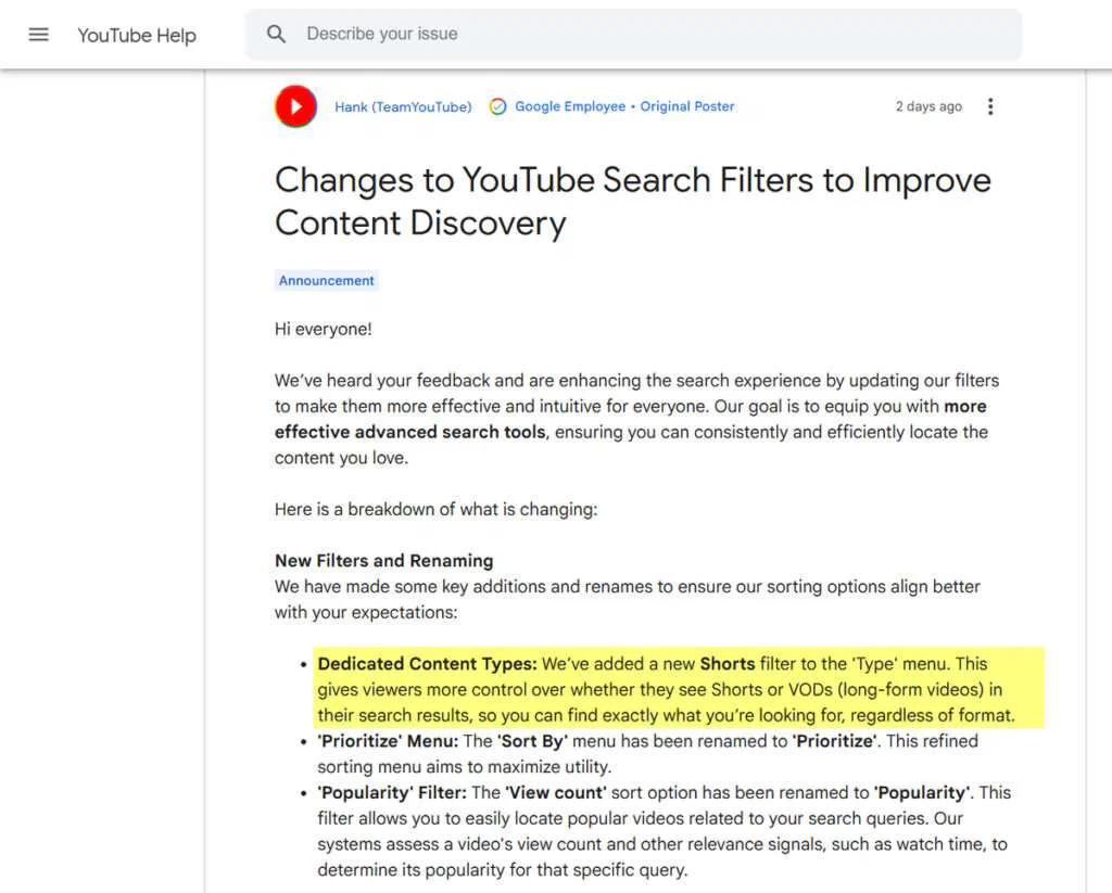 YouTube’s New Filter Update Makes It Easier to Avoid Shorts 2 Information from the YouTube Team