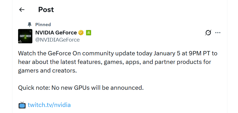 Nvidia Confirms No RTX 5000 Super GPUs at CES 2 NvidiaGeForce Post on X