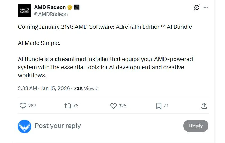 AMD Integrates One-Click AI Tools Installation Into Radeon Software 2 Post by AMD Radeon on X