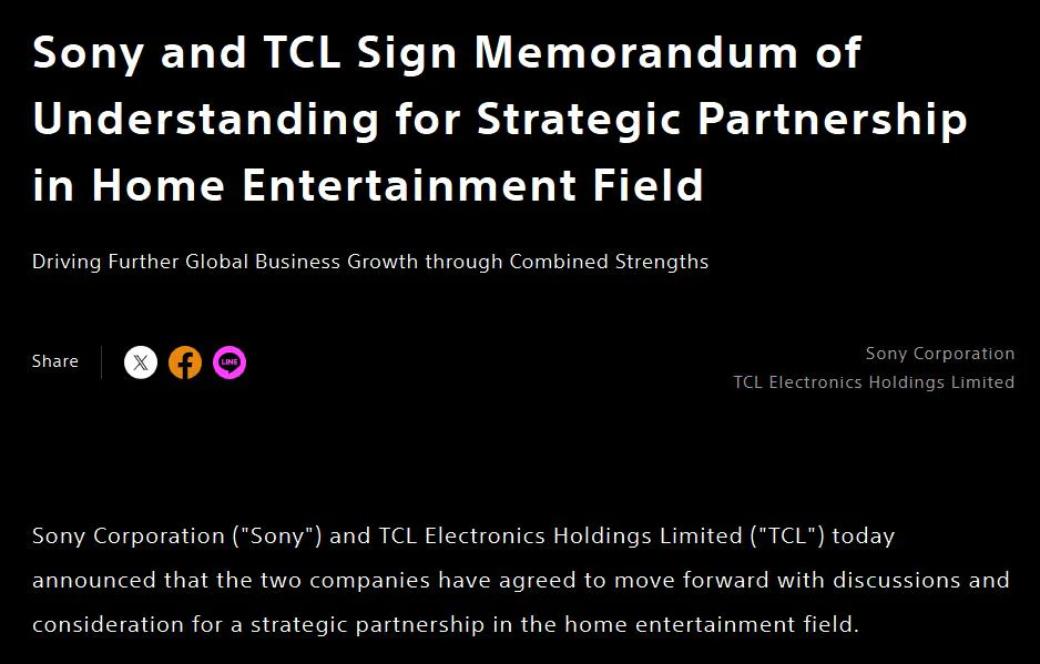 TCL to Take Over Sony’s Home Entertainment Business 2 Press Release from Sony