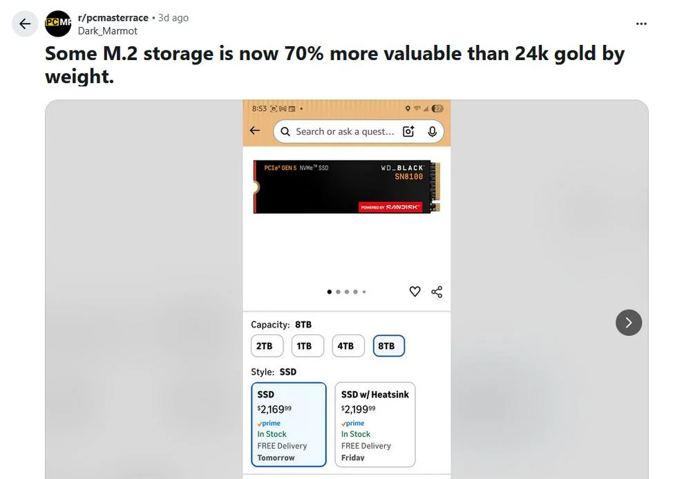 AI Boom Turns High-Capacity SSDs Into Digital Gold 2 Redditor showing SSD prices higher than 24-karat gold