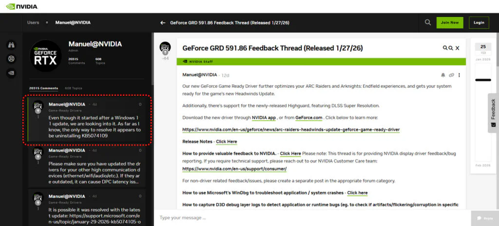 Windows Update KB5074109 Reportedly Slows Down Nvidia GPUs 2 Recommendations from the Nvidia Forum Admin regarding Windows Update KB5074109