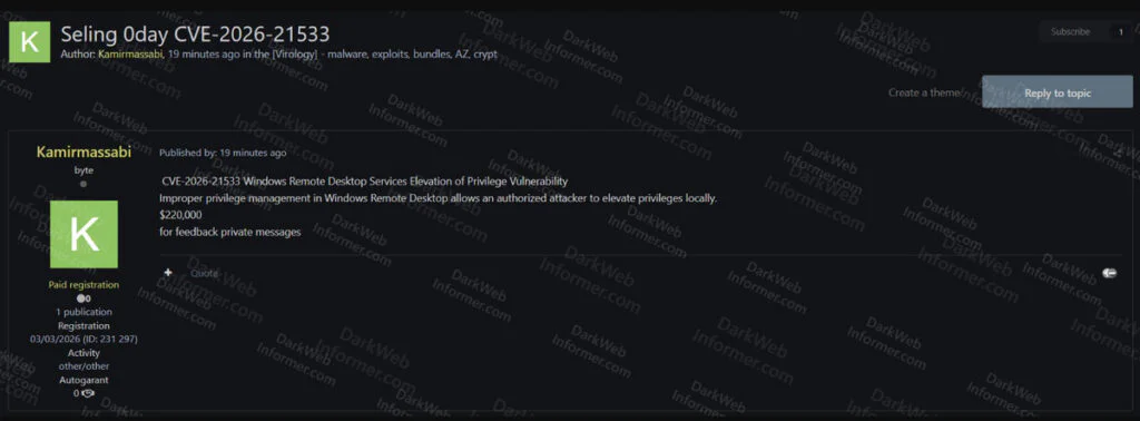 Hackers Offer Critical Windows Zero-Day Exploit for $220K on Dark Web 3 An account that sells Windows vulnerability exploits on the Dark Web