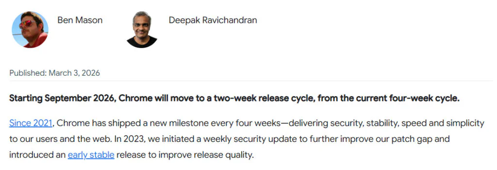 Google Announces Chrome Will Update Every Two Weeks 2 Announcement on Google Blog