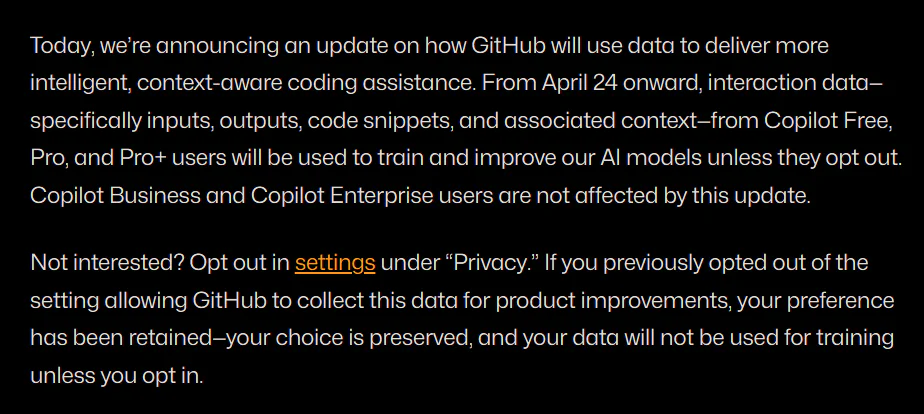 GitHub Copilot Will Use Your Code for AI Training 2 Announcement on the GitHub Blog