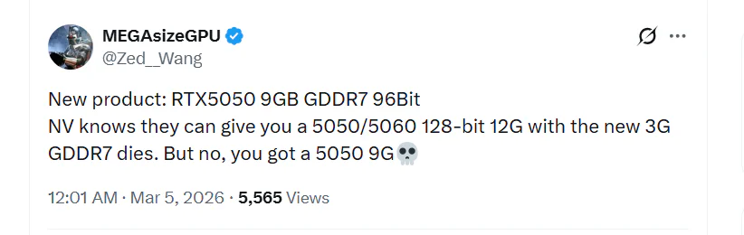 Nvidia Reportedly Developing RTX 5050 With 9GB VRAM 2 Post by @Zed_Wang on X