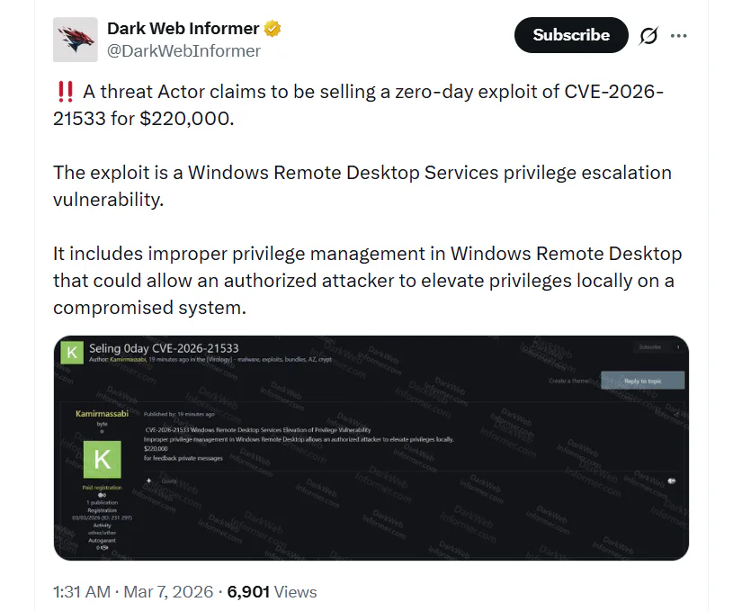 Hackers Offer Critical Windows Zero-Day Exploit for $220K on Dark Web 2 Post by account @DarkWebInformer on X