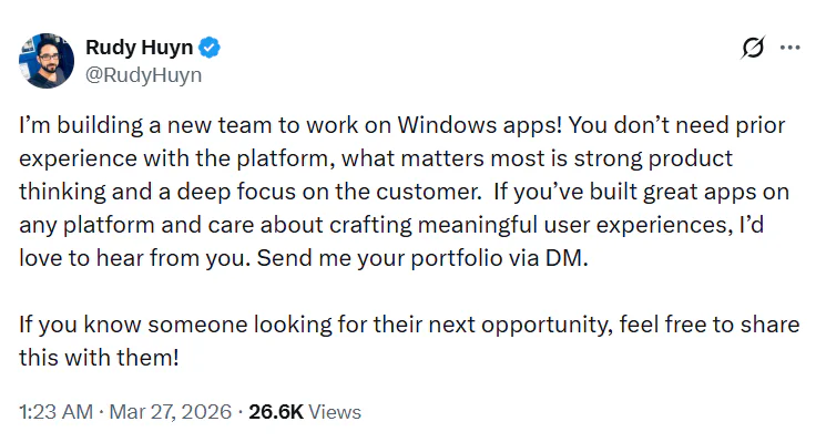 Microsoft Shifts to Fully Native Apps in Windows 11 2 Rudy Huyn's post on X